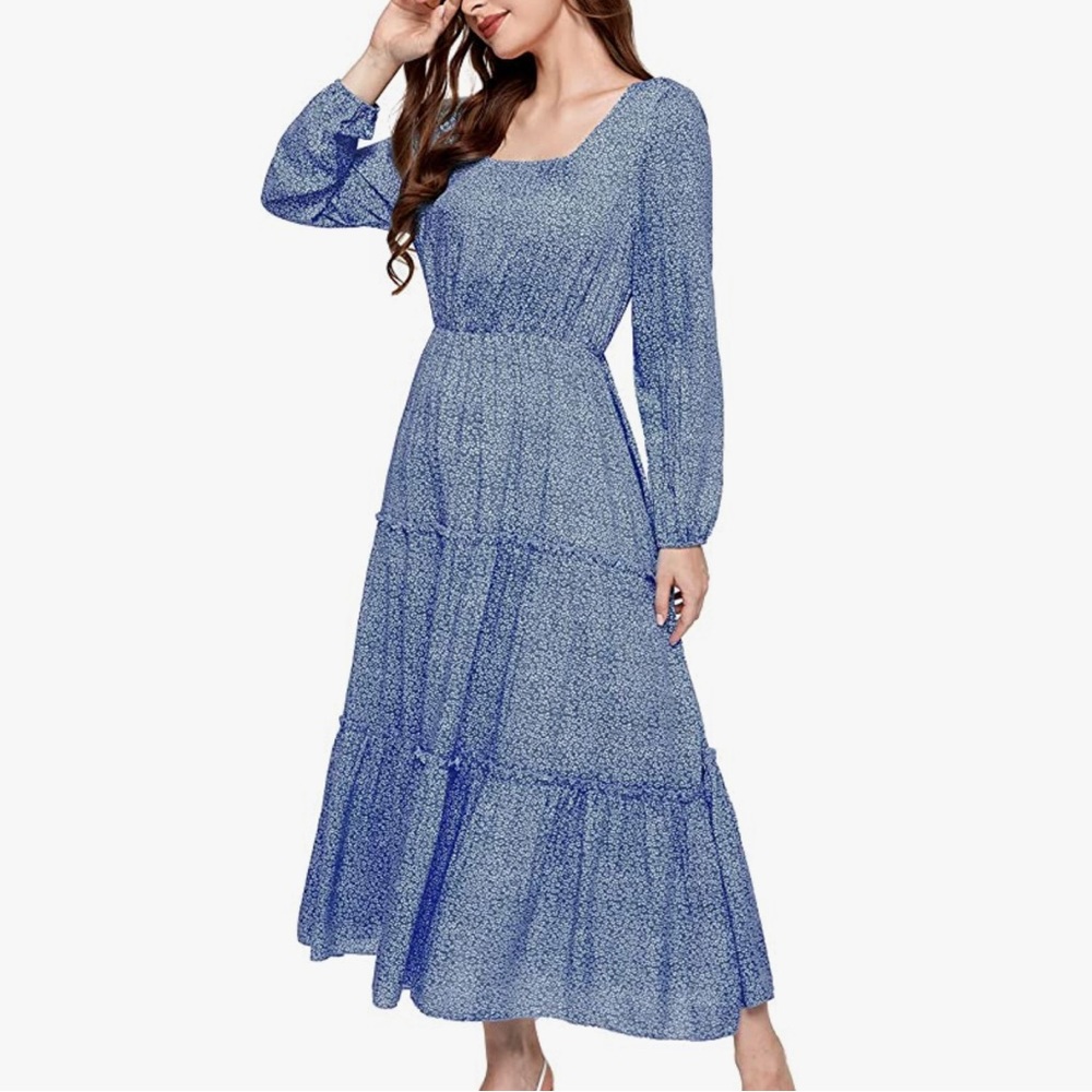 Long Sleeve Floral Print Flowy Maxi Dress | Elastic Waist and Cuffs | XL